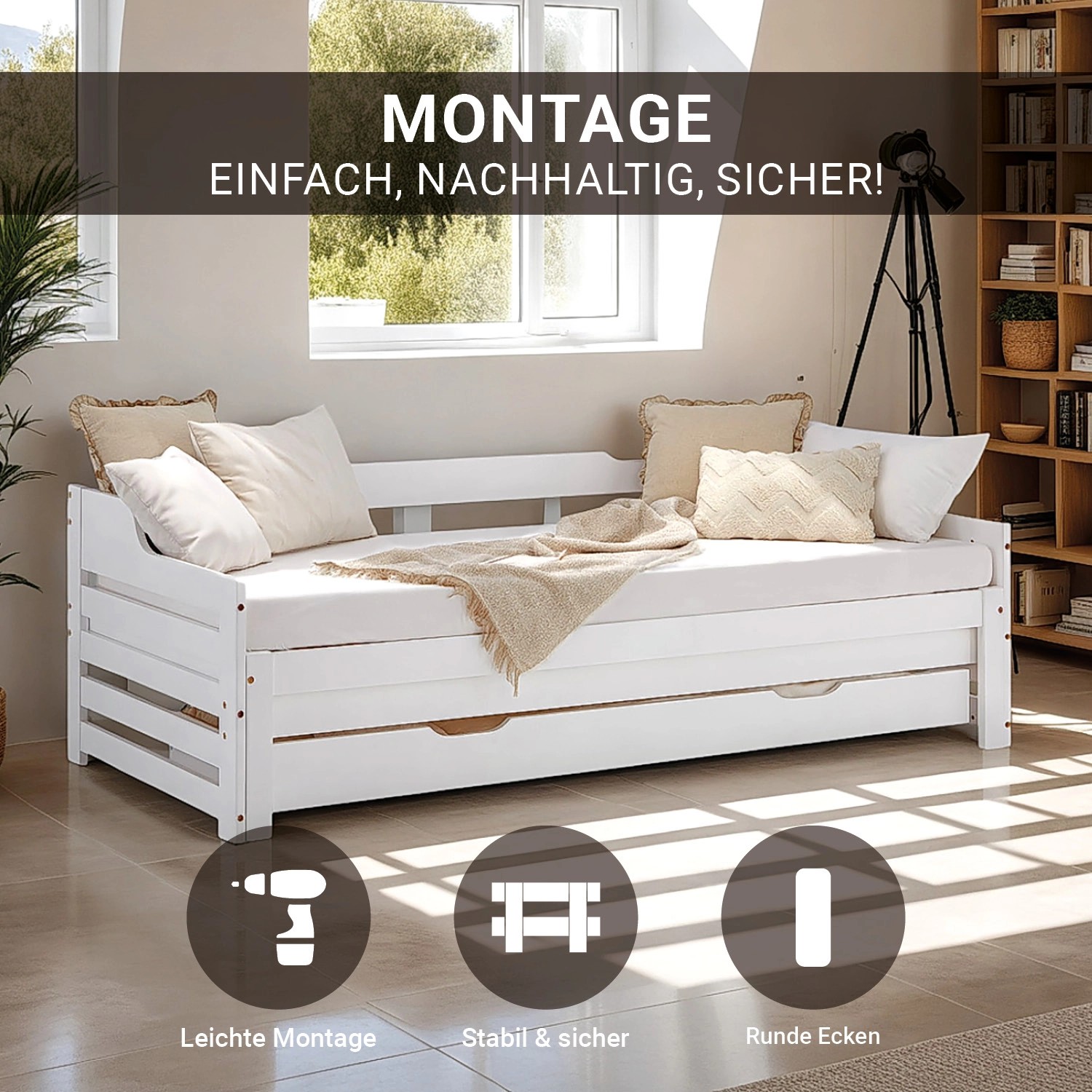 Homestyle4u Tagesbett, ausziehbar, 90x200 cm, mit Bettkasten, weiß. Holz Bett mit Lattenrost.