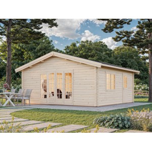 Hellgrau-anthrazitfarbenes Palmako Gartenhaus Irene (540x540 cm) aus Holz mit Doppeltür und Fenster.