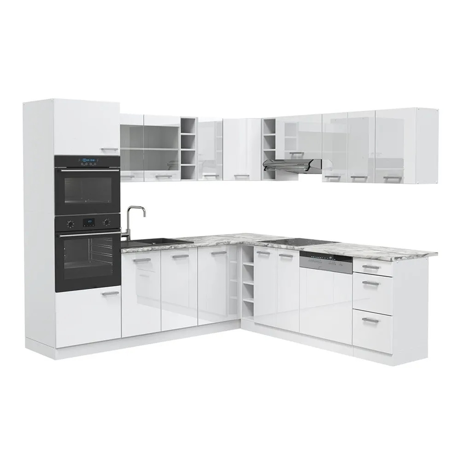 Vicco Eckküche R-Line Weiß Hochglanz/Weiß 247 x 82, AP Marmor