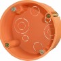 Orangefarbene Hohlwanddose, Ø 68 mm, Tiefe 35 mm, mit Spreizkrallen und Ausbrechöffnungen.