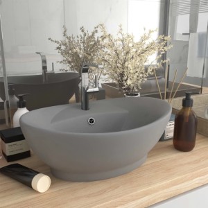 Modernes, matt hellgraues Aufsatzwaschbecken aus Keramik, ovale Form. Luxus-Waschbecken für Bad & WC.