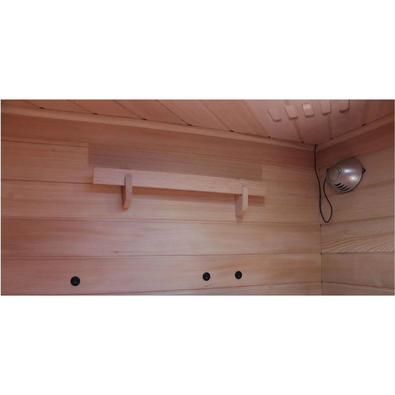 Innenansicht der Dewello Infrarotkabine Lakefield aus Hemlock Tannenholz mit Ablage und Lüfter.
