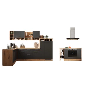 Respekta Inselküche Hilde 310 cm in Grau mit Elektrogeräten und Arbeitsplatten.