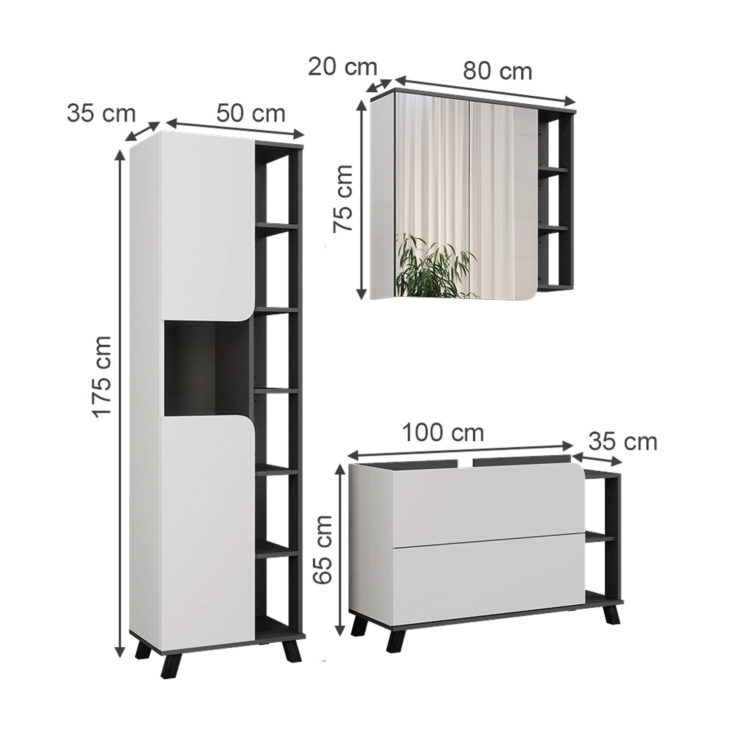 Vicco Badmöbel-Set Karen, 3-teilig in Anthrazit/Weiß: Waschbeckenunterschrank, Spiegelschrank, Hochschrank.