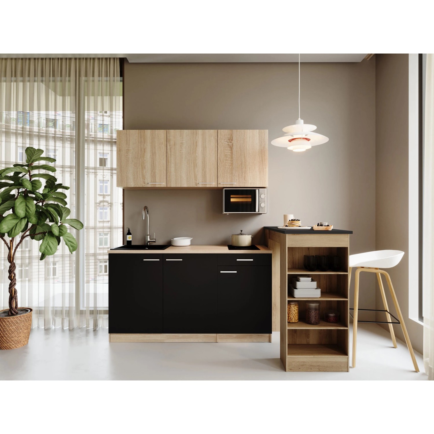 Respekta Ingrid Singleküche 150 cm Schwarz inkl. Mikrowelle mit Bartisch