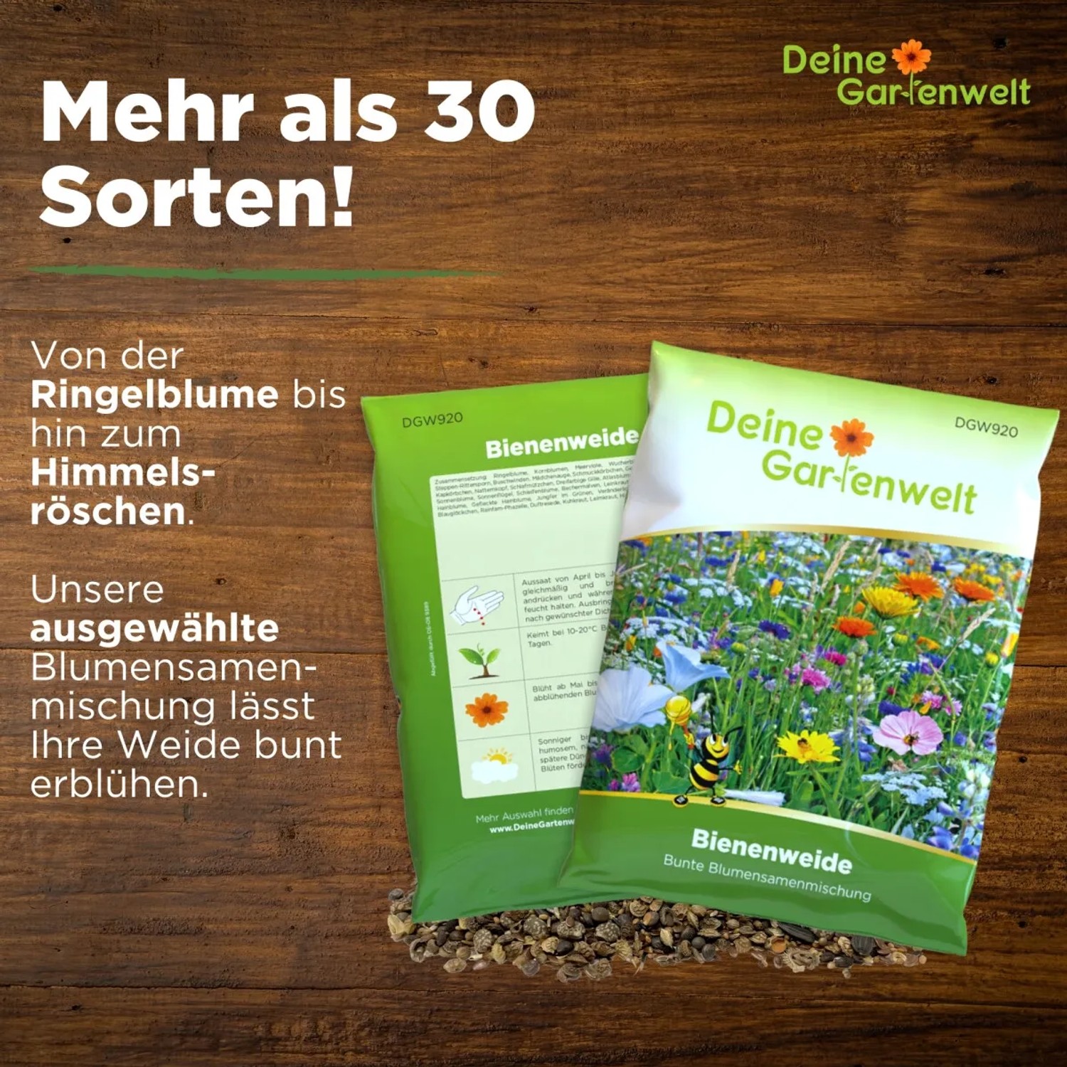 Deine Gartenwelt Bienenweide Blumenmischung, 100g Samen in grüner Verpackung.