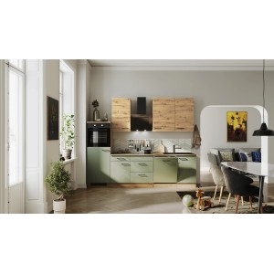 Moderne OBI Küchenzeile Cara in Schilfgrün und Artisan Eiche mit E-Geräten und Spüle.