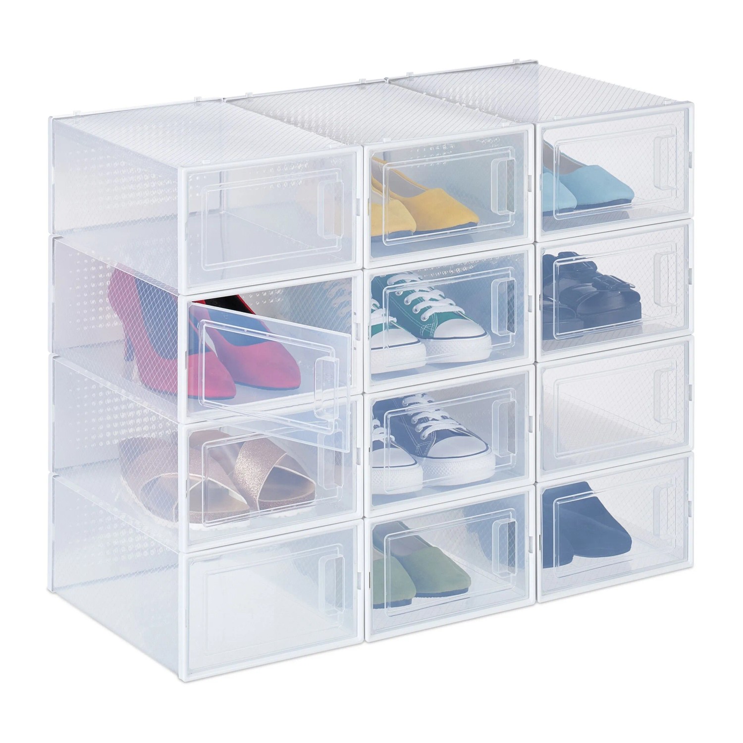 Relaxdays 12er Pack Schuhboxen Kunststoff Transparent Weiß Stapelbar 14,5 cm x 23 cm x 33,5 cm