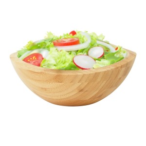 Ovale Relaxdays Salatschüssel aus Bambus, gefüllt mit Salat, Tomaten, Radieschen und Zwiebeln.