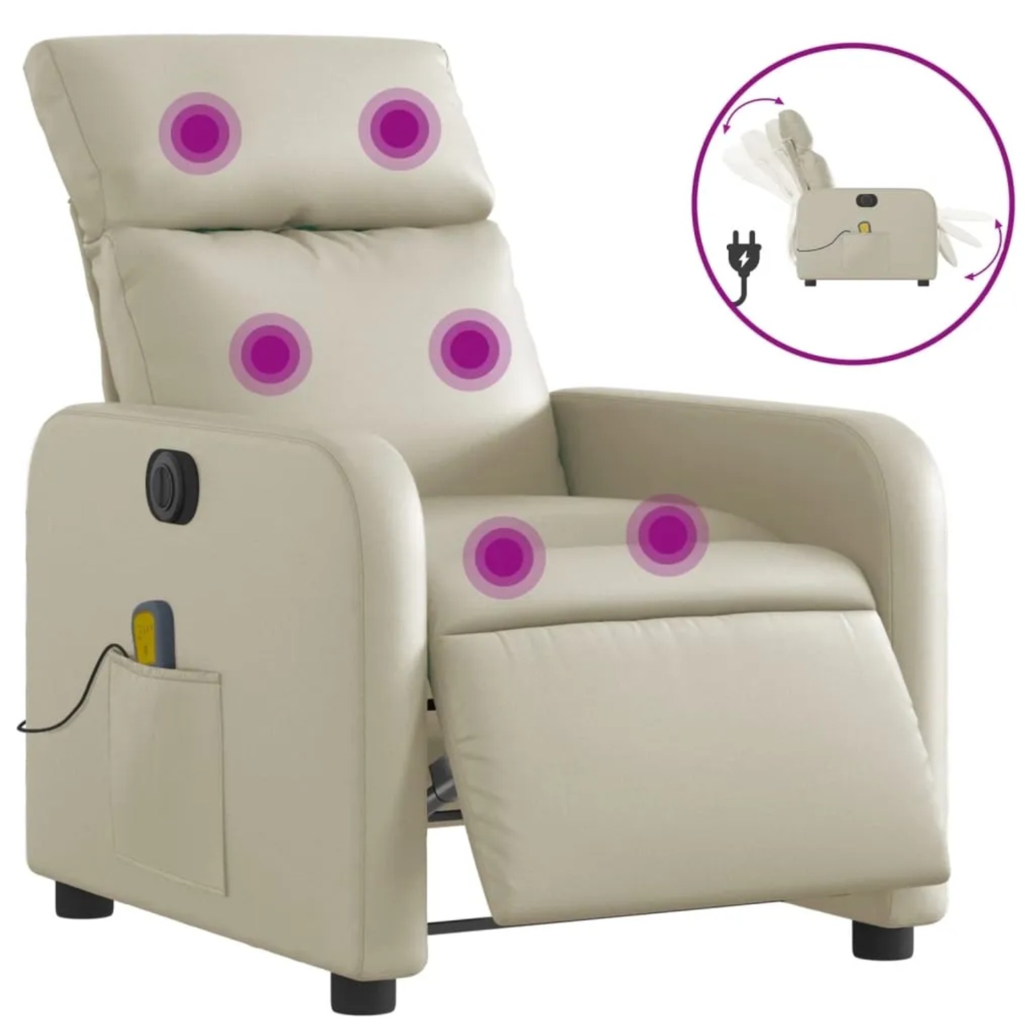 Elektrischer Massagesessel in Creme Kunstleder mit Vibrationsmassage und verstellbarer Rückenlehne.