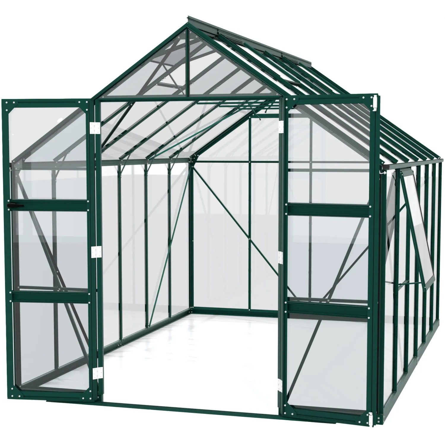Vitavia Gewächshaus Olymp 9900 Smaragd, 9,9 m², mit offenstehender Doppeltür und Fundamentrahmen.