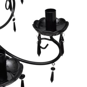 Schwarze Pendelleuchte mit 6 Lampenfassungen und Acryl-Kristallen.