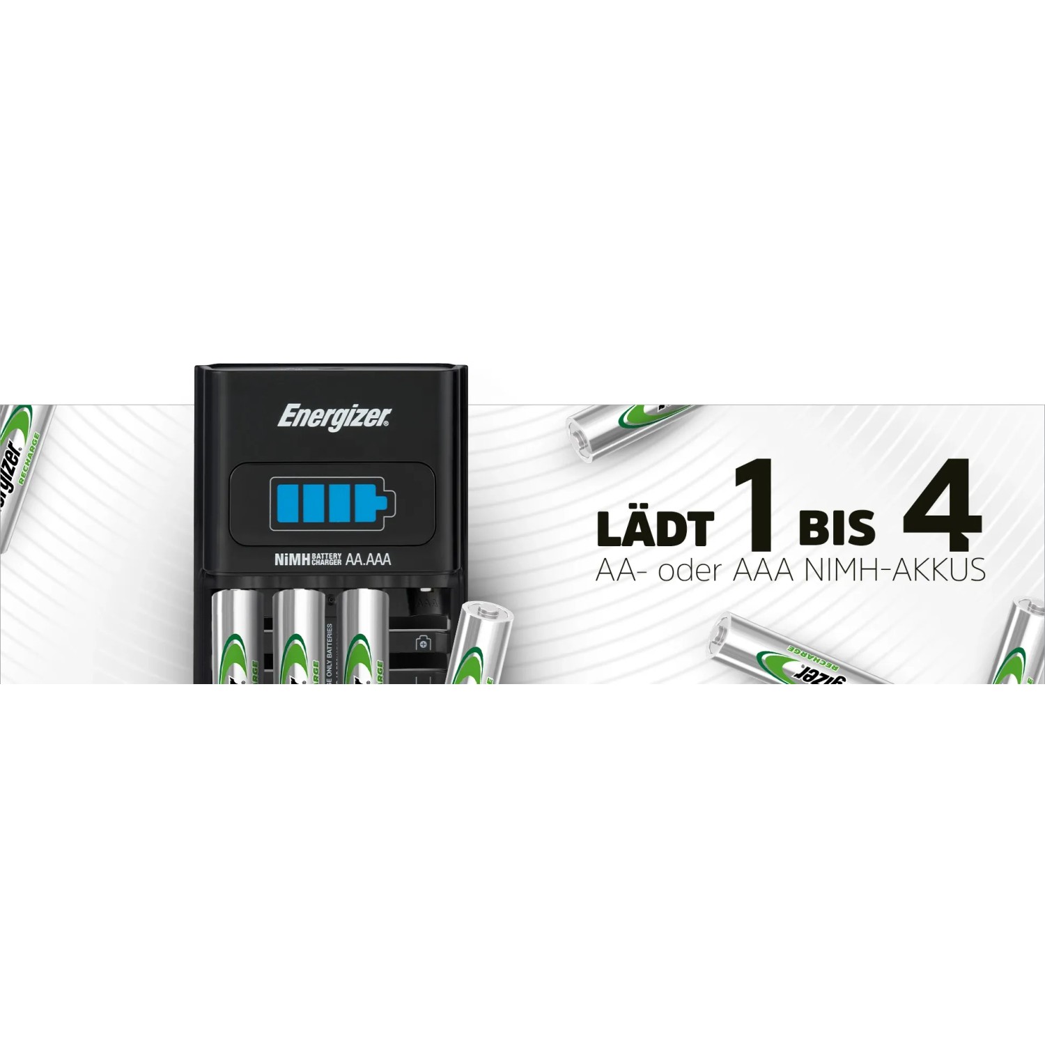 Energizer Schnell-Ladegerät mit 4 AA Akkus. Ladegerät für 1-4 AA/AAA NiMH Akkus mit LED Anzeige.