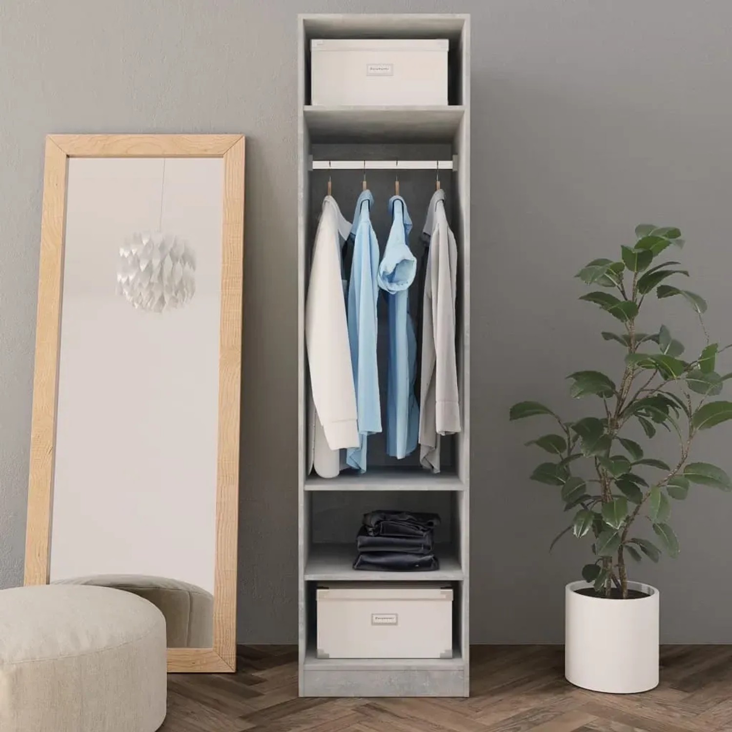 VidaXL Kleiderschrank, Betongrau, 50x50x200 cm, Holzwerkstoff mit Fächern und Kleiderstange.