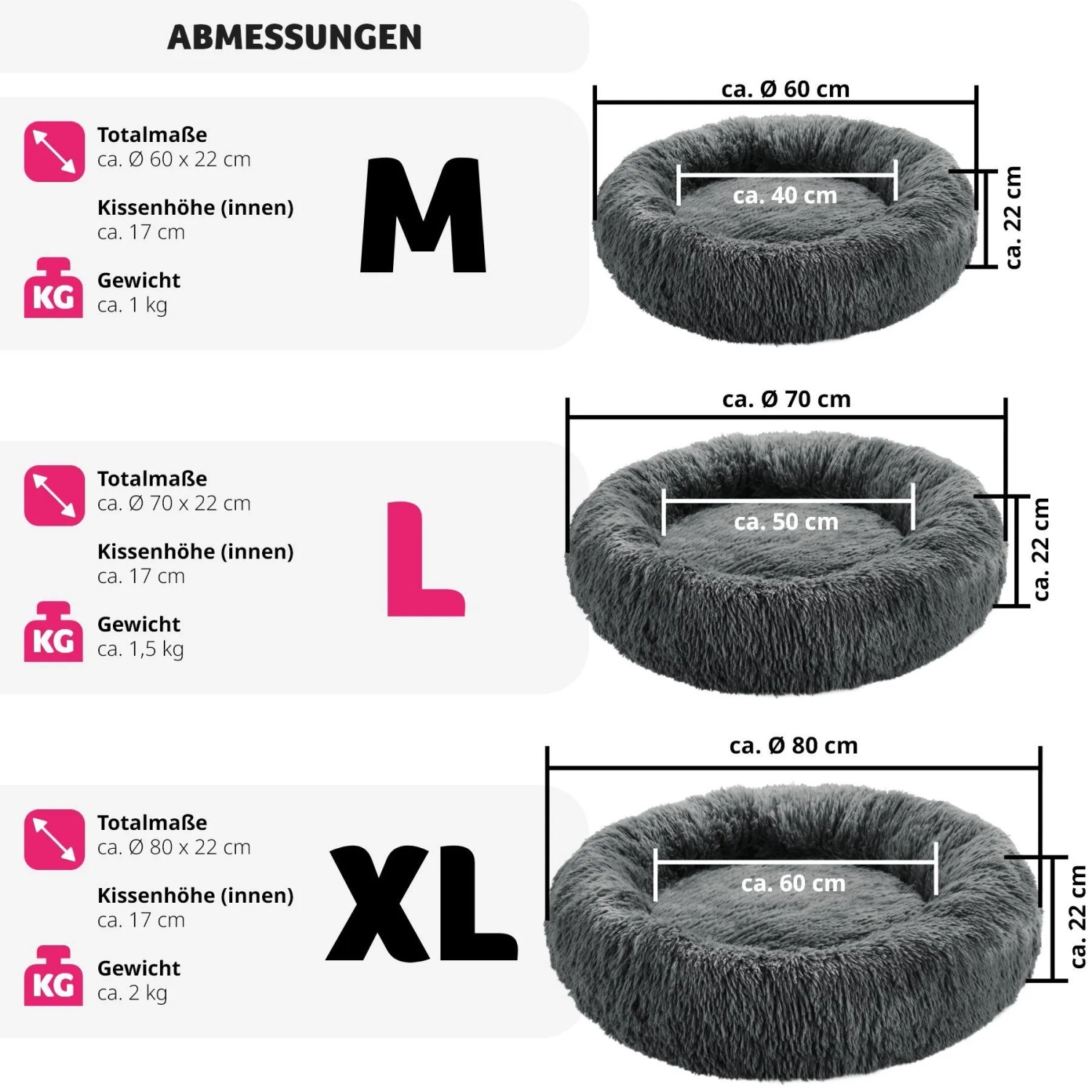 Rundes, graues Plüsch Hundebett mit erhöhtem Rand. Zeigt Größen M, L, XL und Maße Ø 60, 70, 80 cm.