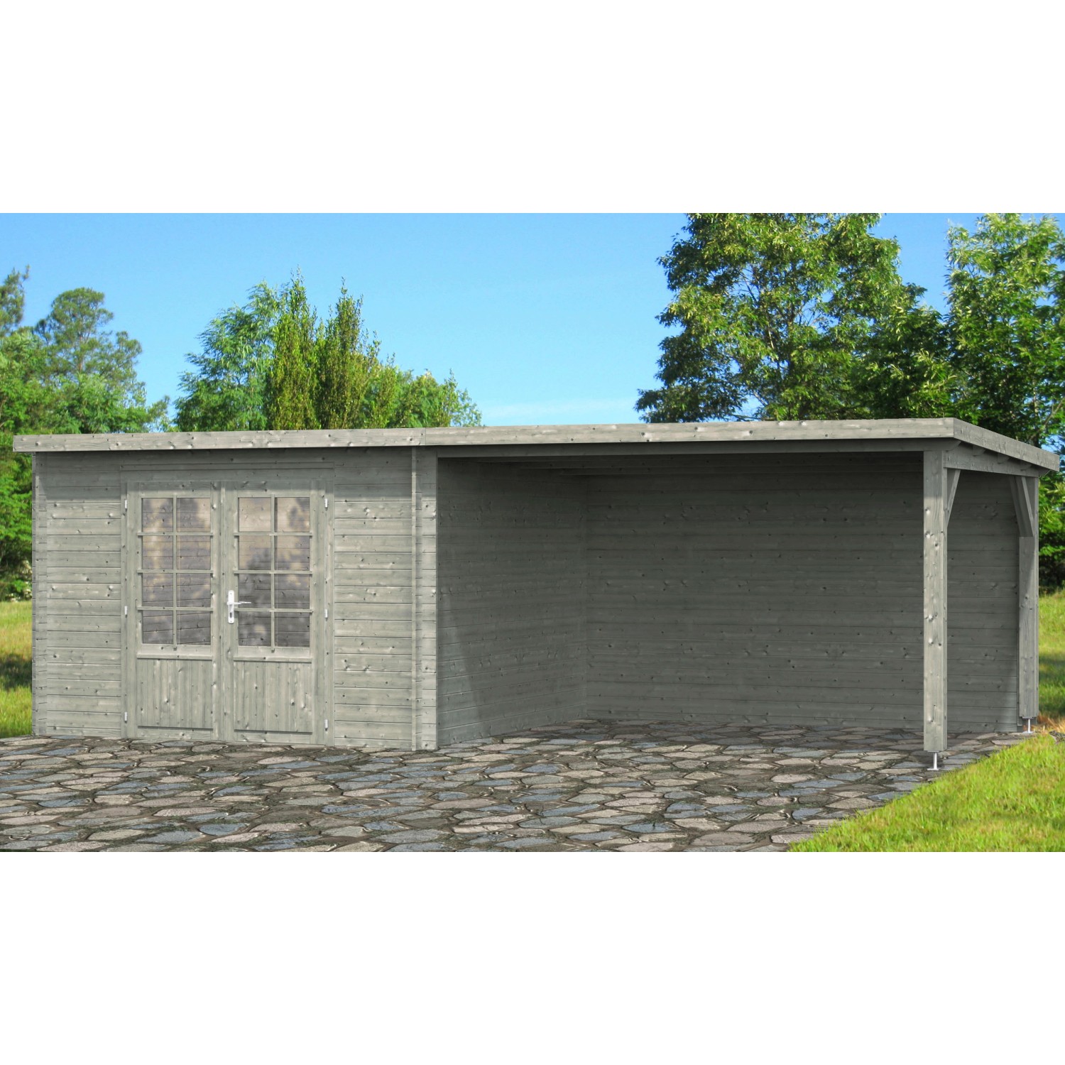 Palmako Ella Holz-Gartenhaus/Gerätehaus Grau Flachdach Tauchgrundiert 652 cm x 300 cm