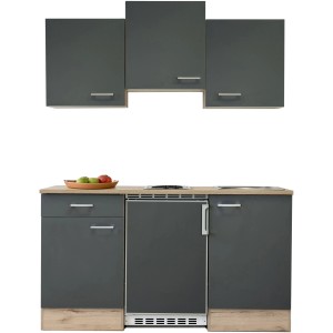 Flex-Well Singleküche Morena, 150 cm, Basaltgrau/San Remo Eiche: Miniküche mit Kühlschrank und 2-Platten-Kochfeld.