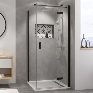 Breuer Panorama Drehtür mit Festteil, 90 cm, Schwarz Matt, für Seitenwand. Duschtür mit klarem Glas.