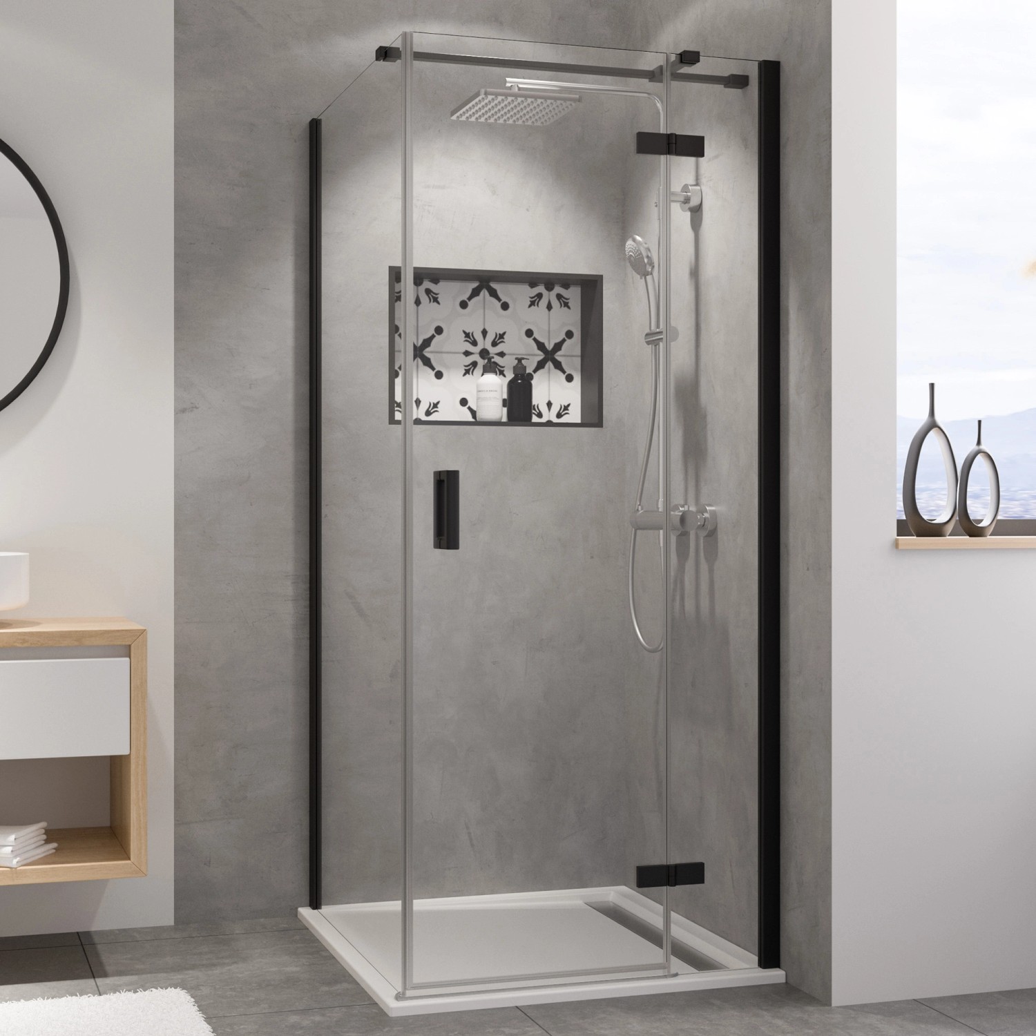 Breuer Drehtür Panorama mit Festteil für Seitenwand Schwarz Matt 90 cm DIN R