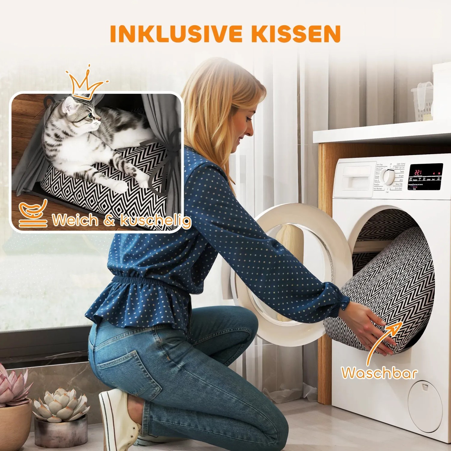 Graues PawHut Katzenzelt mit waschbarem Kissen, geeignet für kleine Hunde und Katzen.