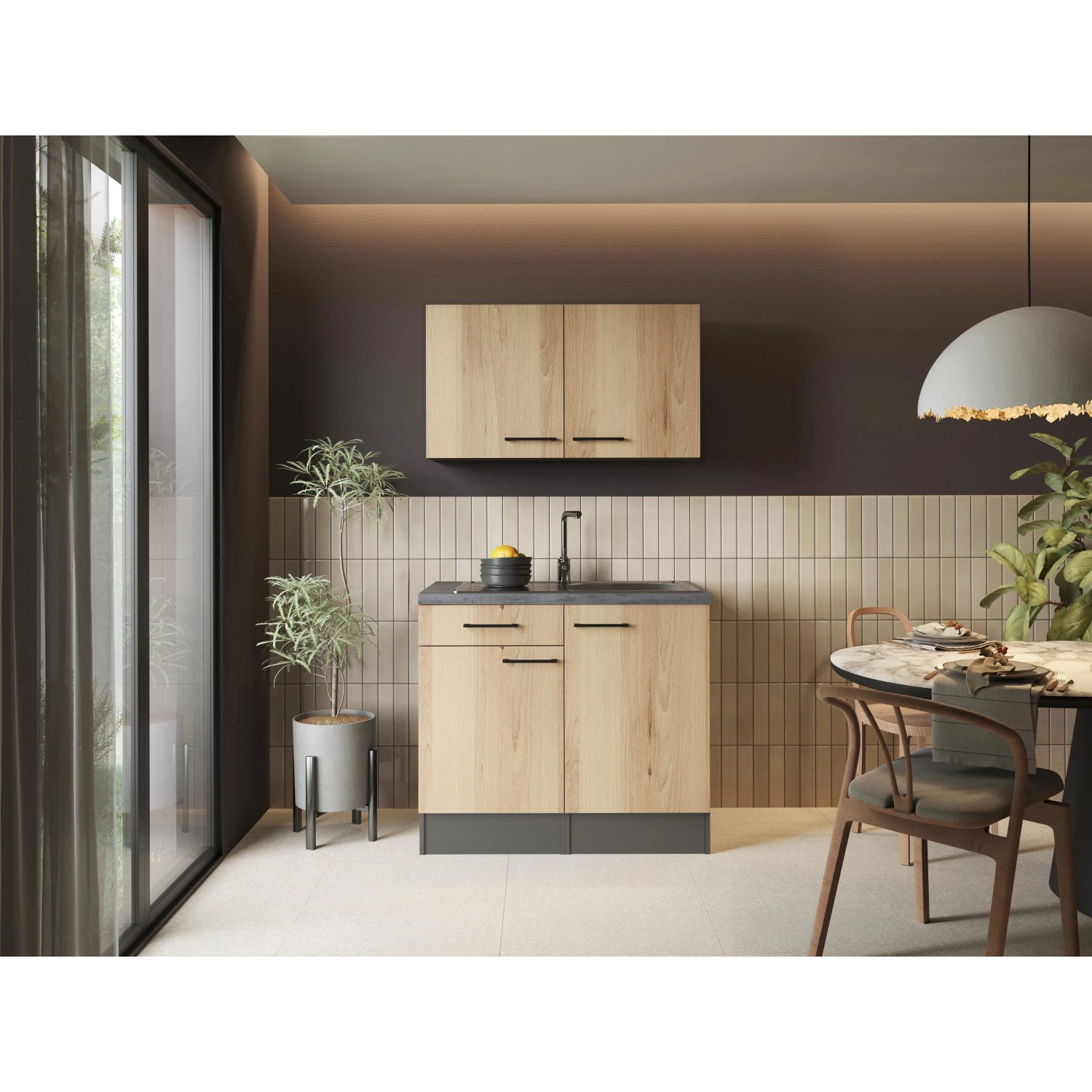 Respekta Kleinküche Oliver Set 100 cm Mit Einbauspüle Artisan Eiche Granit Optik