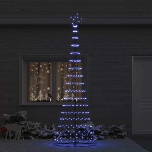 Blauer vidaXL LED Weihnachtsbaum aus Metall, 302,5 cm hoch, mit Sternspitze, leuchtet im Schnee.