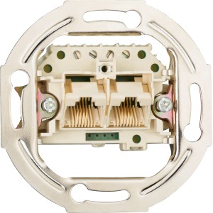 OBI ISDN IAE Unterputzdose mit zwei RJ45 Anschlüssen und silberfarbenem Rahmen zur Wandmontage.