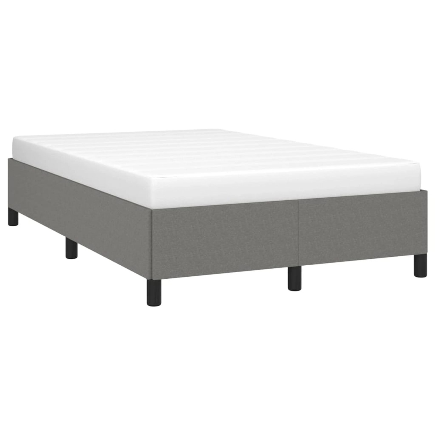 Dunkelgraues Stoff-Bettgestell 120x200 cm mit Lattenrost und schwarzen Füßen.