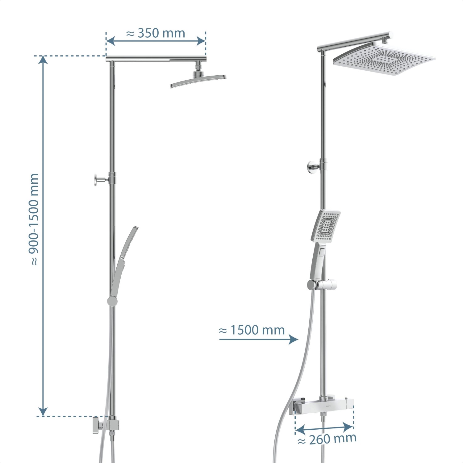 Schütte Überkopf-Brauseset Trento mit Thermostatarmatur, Chrom, mit Maßangaben.