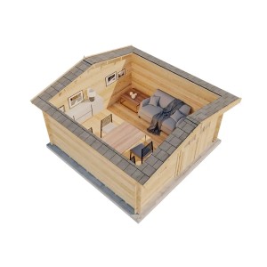 Innenansicht Gartenhaus Valeria-28 aus Holz, naturbelassen, mit Möbeln eingerichtet.