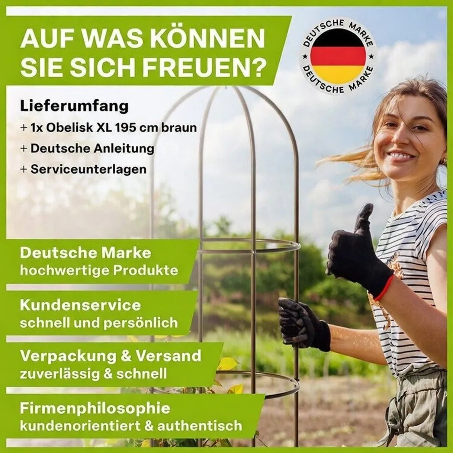 Braune TTL GARDEN Obelisk Rankhilfe XL, 195 cm hoch, aus pulverbeschichtetem Metall als Kletterhilfe.