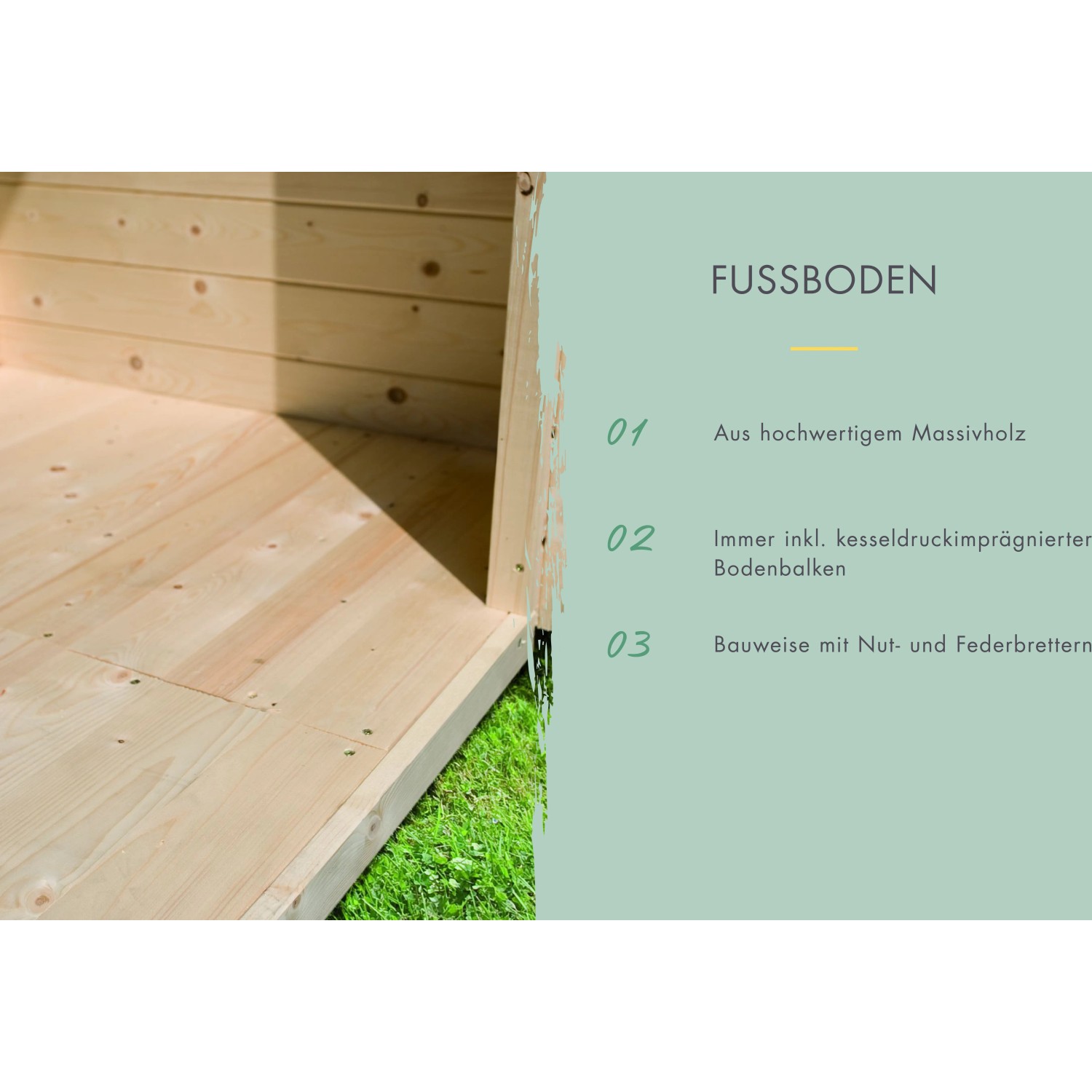 Detailaufnahme: Massivholzboden im Karibu Gartenhaus Tessin 2, gefertigt mit Nut- und Federbrettern.