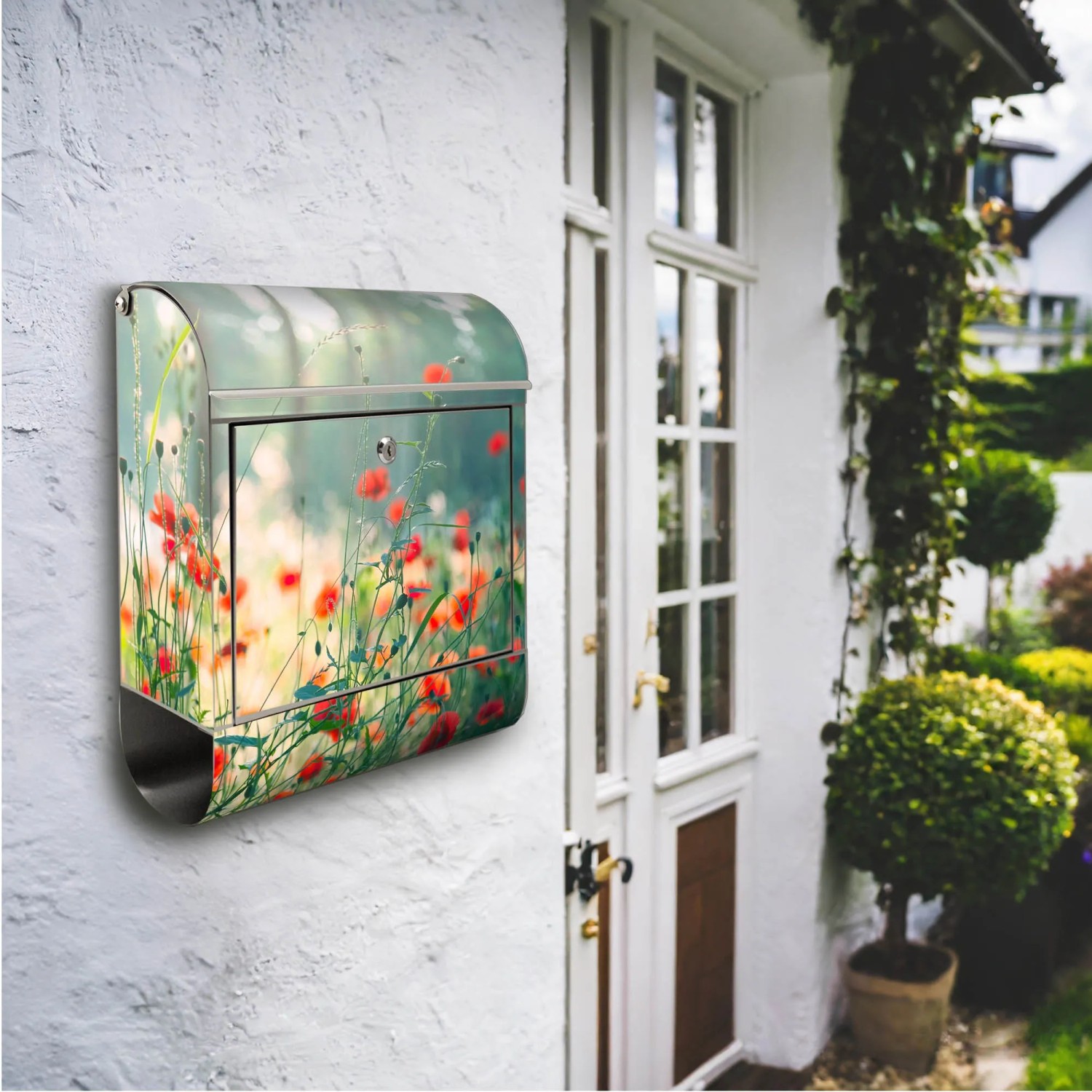 Banjado Edelstahl Briefkasten mit Waldmohn Motiv, Zeitungsfach, rostfrei.
