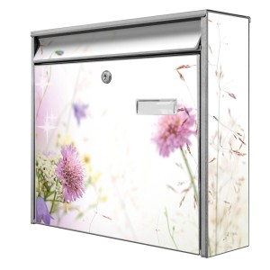 Silberner Banjado Briefkasten mit Blumenmotiv 'Glitzernde Wiese', inkl. Montagematerial und 2 Schlüsseln.