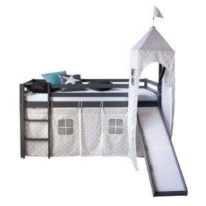 Graues Abenteuer-Hochbett 90x200 mit Sternen-Vorhang, Rutsche und Turm für Kinderzimmer.