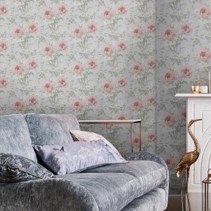 Laura Ashley Vliestapete Aurelie mit Blumenmuster in Naturtönen und Rosa.