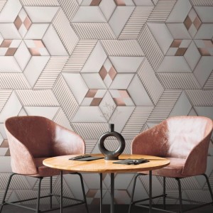 Fototapete Geometrisch in Weiß, Creme-Weiß und Bronze mit Tisch und Stühlen.
