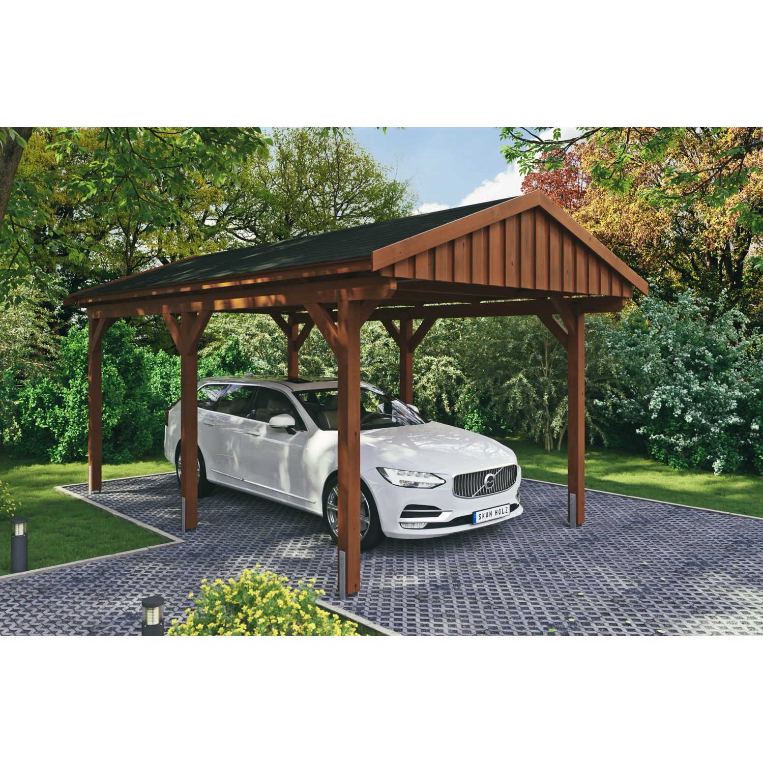 Skan Holz Carport Fichtelberg 317 cm x 566 cm Schwarze Schindeln Nussbaum