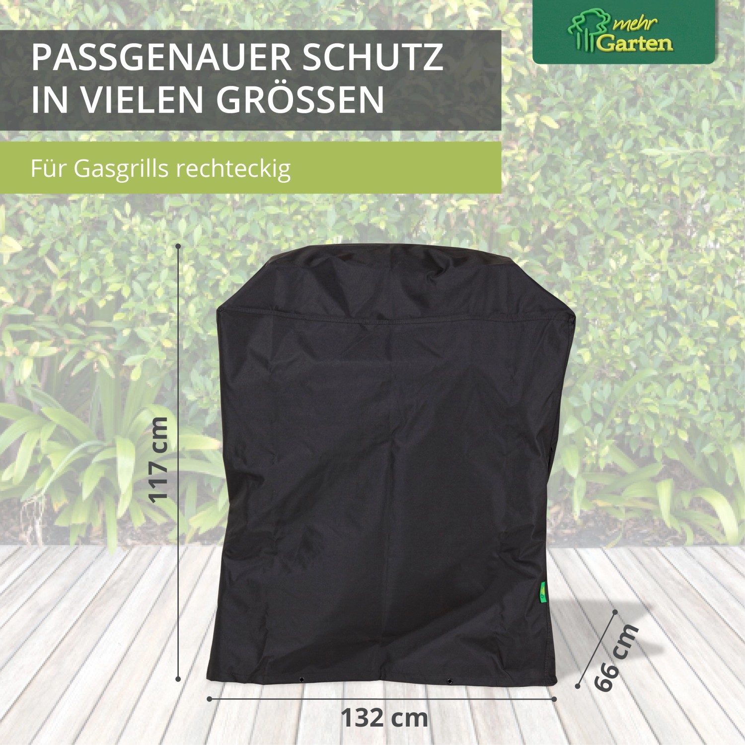 Schwarze, rechteckige Mehr Garten Premium Schutzhülle für Gasgrill, 132x66x117 cm.