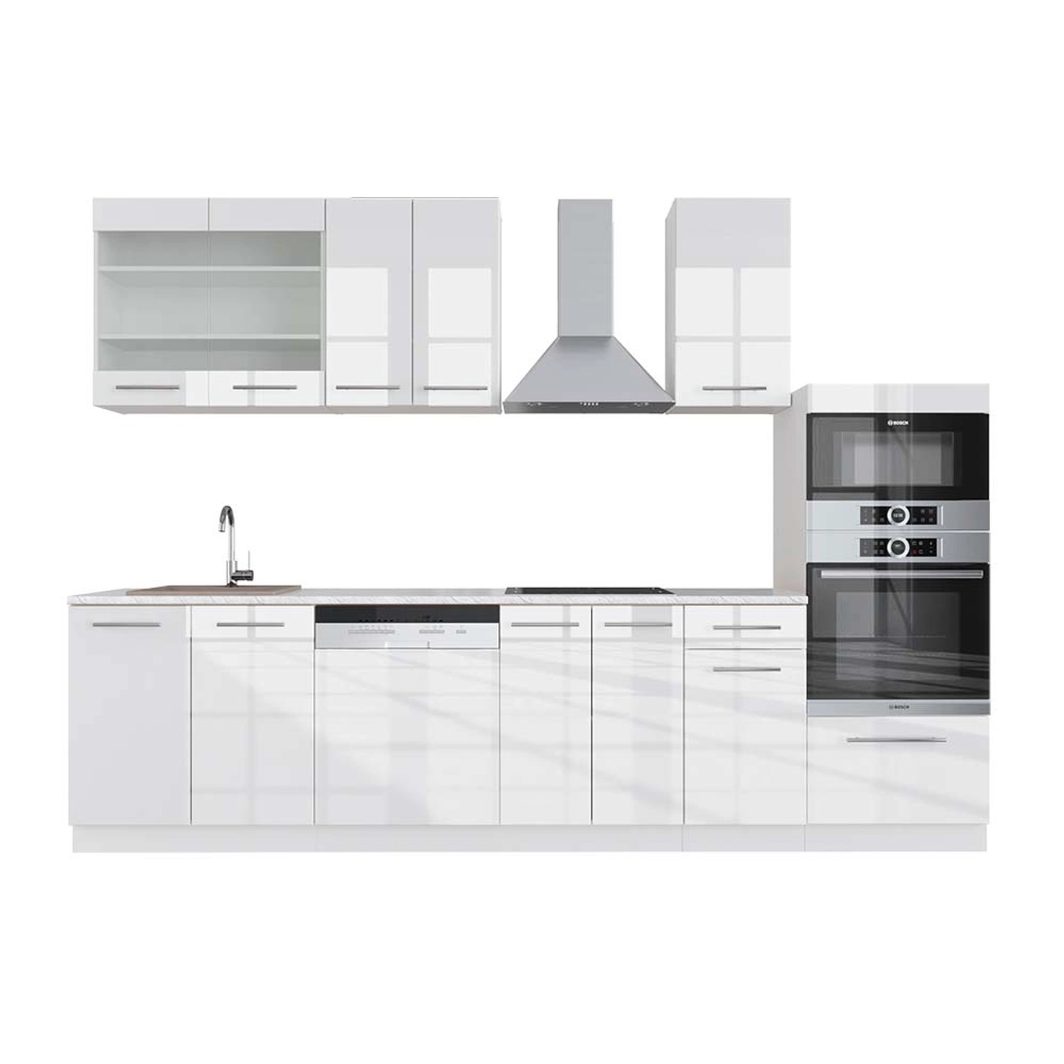 Vicco Fame-Line Küchenzeile Weiß Hochglanz/Weiß 300 cm mit HochschrankAP Ma günstig online kaufen