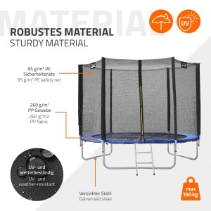 Blaues Hauki Gartentrampolin, 244 cm, mit Sicherheitsnetz und Leiter, belastbar bis 150 kg.