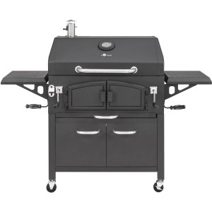 Schwarzer El Fuego Holzkohlegrill Grand Ontario mit Ablagen, Thermometer und Unterschrank.