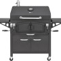 Schwarzer El Fuego Holzkohlegrill Grand Ontario mit Ablagen, Thermometer und Unterschrank.