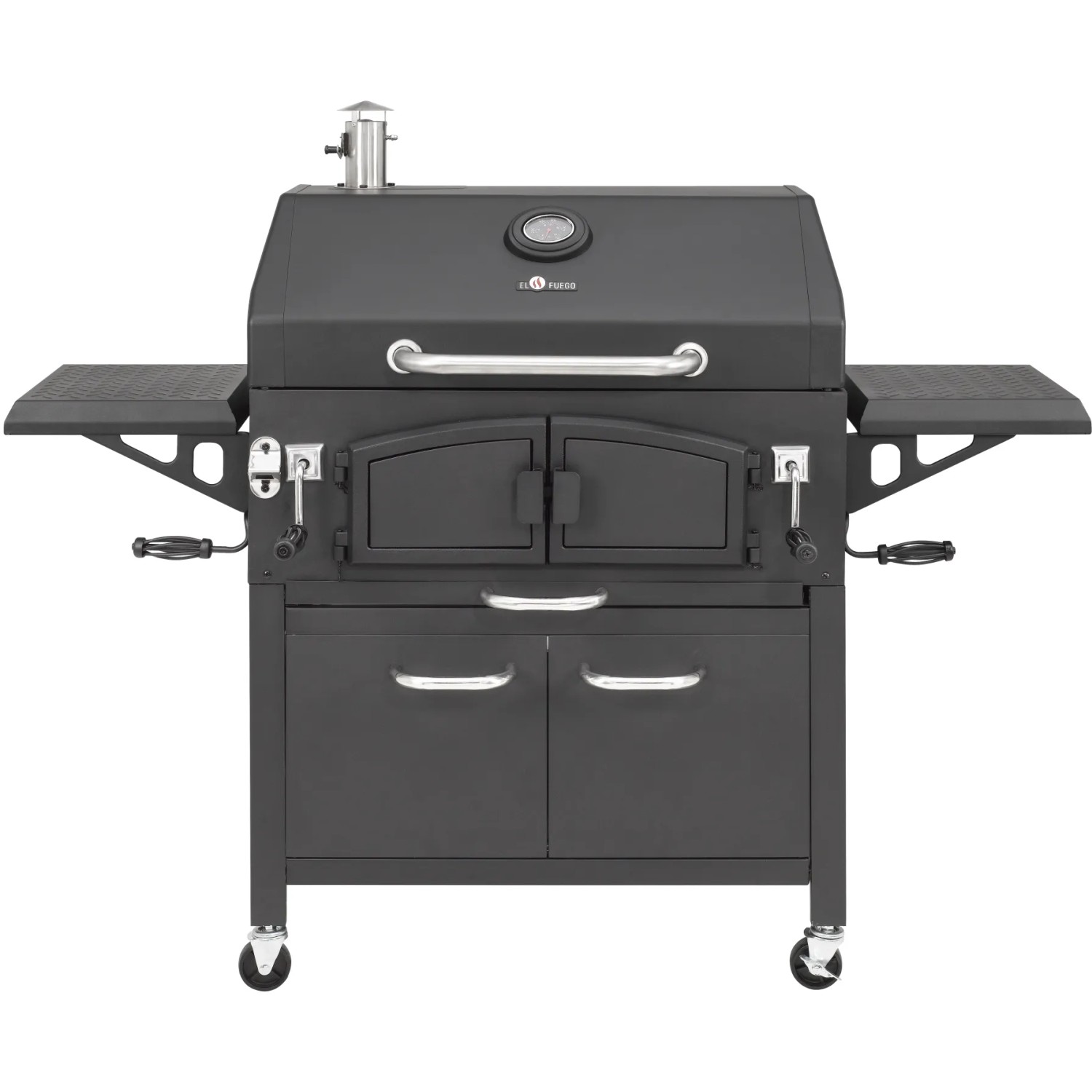 Schwarzer El Fuego Holzkohlegrill Grand Ontario mit Ablagen, Thermometer und Unterschrank.