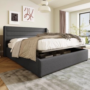 okwish Polsterbett 160×200 Stauraumbett mit Bettkasten und Lattenrost aus Metallrahmen ohne Matratze