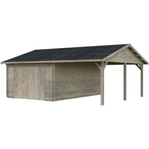 Graue Palmako Garage Roger mit Holztor und Carport aus Holz, 653x550 cm.