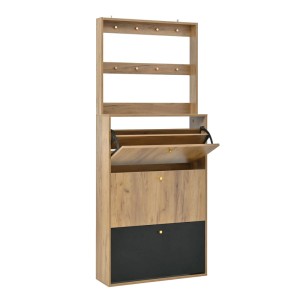 Moderner Schuhschrank mit 3 Klappen und Garderobe mit Haken in Holzoptik Schwarz. Eine Klappe ist geöffnet.