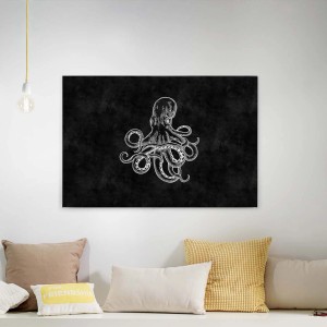 Modernes Leinwandbild mit Oktopus-Motiv in Schwarz-Weiß für Wanddekoration in Büro oder Küche.