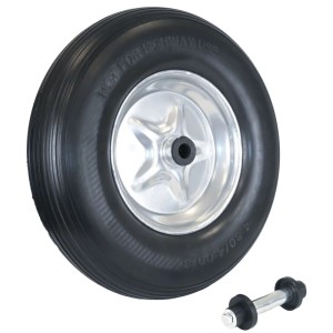 Schwarzes TRUTZHOLM Schubkarrenrad, pannensicher, Vollgummi 4.80/4.00-8 mit silberner Stahlfelge und Achse.