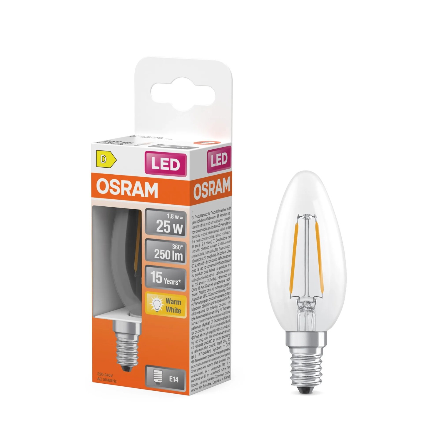 Osram E14 LED-Lampe in Kerzenform, 1,8W, klar. Ideal für dekorative Beleuchtung.